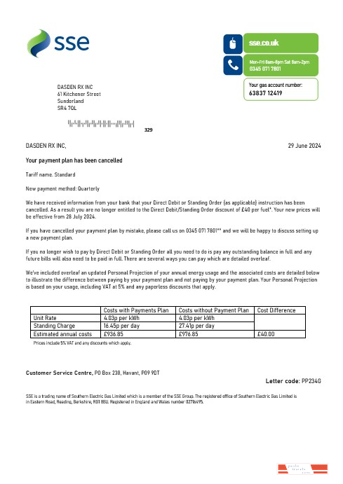 United Kingdom SSE Energy business utility bill template in Word and PDF formats, version 1